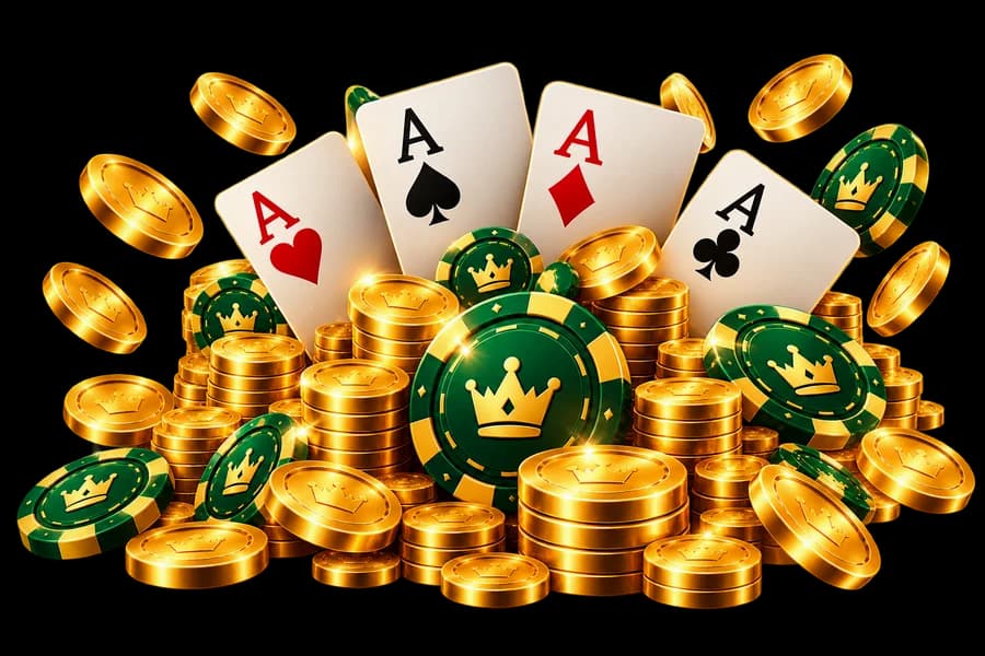 Four aces with green chips and gold coins
