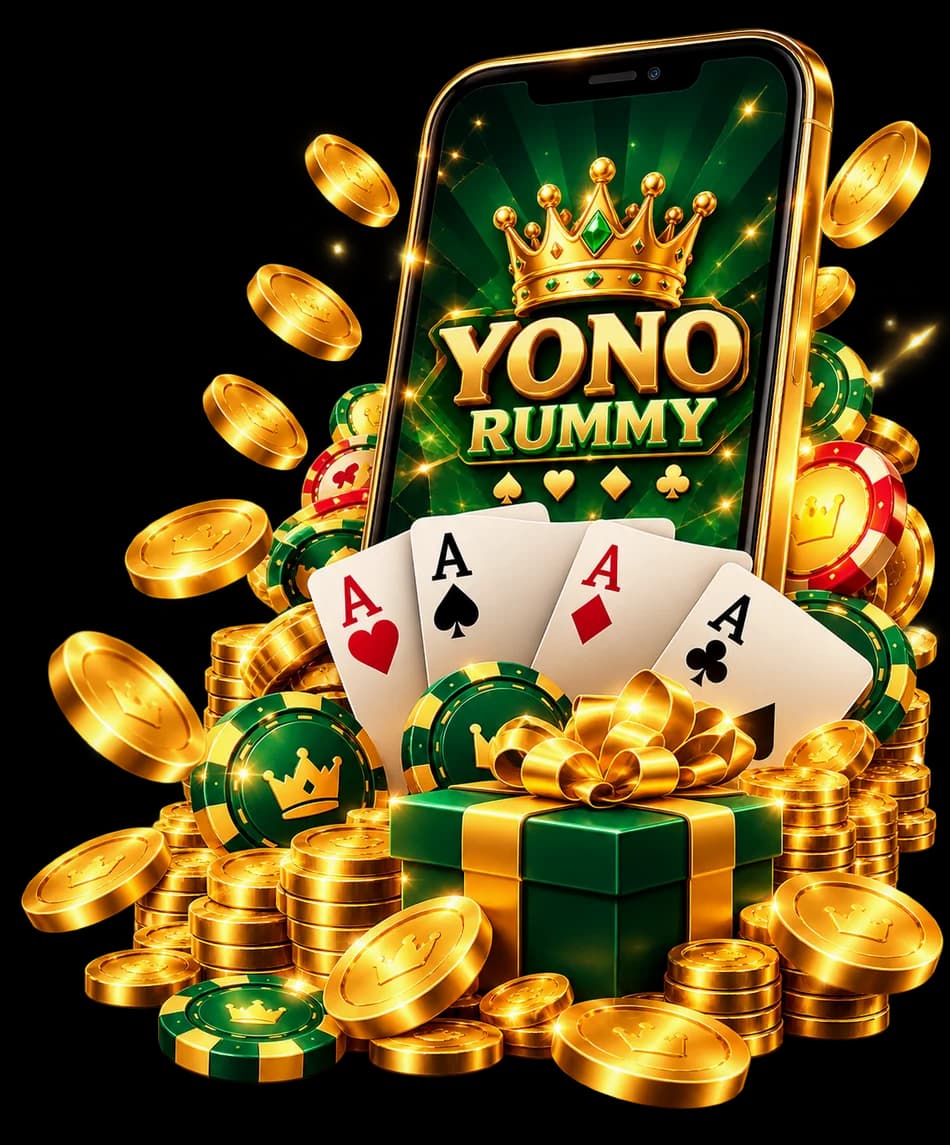 Yono Rummy phone, playing cards and gold coins — promotional illustration